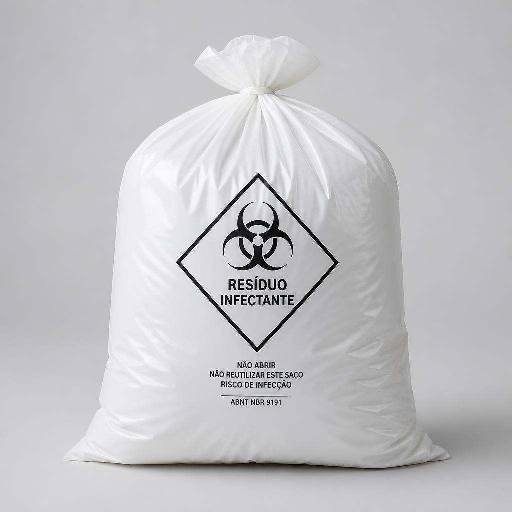 Saco de lixo infectante hospitalar branco com símbolo de risco biológico